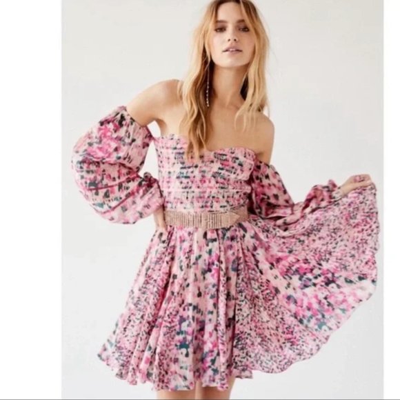 Free People Rococo Sand Mimi Pink Off Shoulder Mini Dress sz XS - Picture 1 of 13